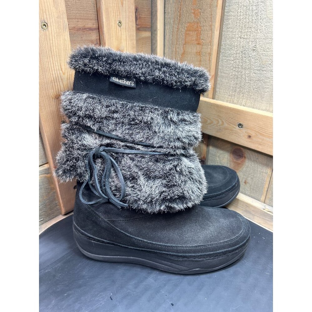 Skechers Womens Mukluk Faux Fur Lined Winter Boots Size 7 Black Gray Pull On